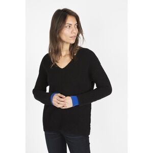 ASKK NY Black Chunky V-Neck Sweater With Cobalt Blue Cuff Detail Size 1 Small